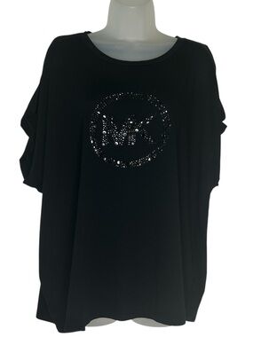 MICHAEL KORS Women Sz 2X Black Circle MK Logo Cold Shoulder Short Sleeve Top Tee